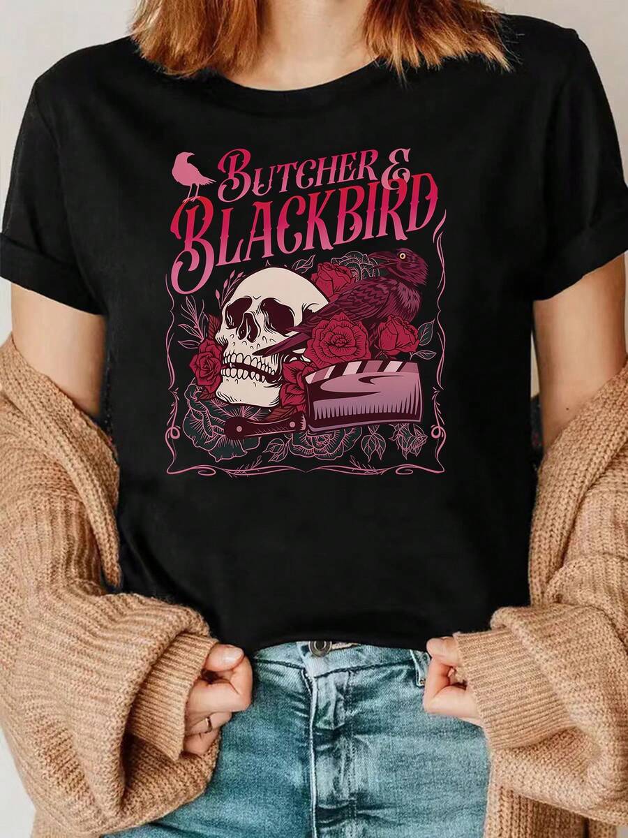 Una novela romántica oscura<butcher &="" blabird="">Camiseta con estampado de abanicos - Top casual de manga corta y cuello redondo para mujer, imprescindible para la moda de primavera y verano, blusas para mujer, blusas, blusas casuales para dama, tops de mujer, tops, unisex.</butcher> - Negro - Ver 1