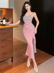 YHHDAZY Vestido de slip con abertura lateral a cuadros y bloque de color elegante para mujer, vestido de boda, vestido de fiesta, vestido largoYHH - Rosa - Ver 4