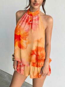 Vestido casual de verano para mujer con cuello halter, unicolor y volantes en el bajo - Naranja - Ver 5