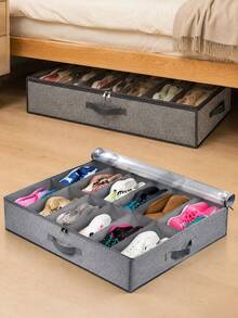 1pc 12-Grid Foldable Fabric Shoe Box With Transparent Cover And Dual Handles - Non-Woven Material Under Bed Shoe Storage Box, Stackable To Save Space, Suitable For Sneakers, High Heels, Socks, Closet, Dorm And Bedroom - Dark Grey - View 9