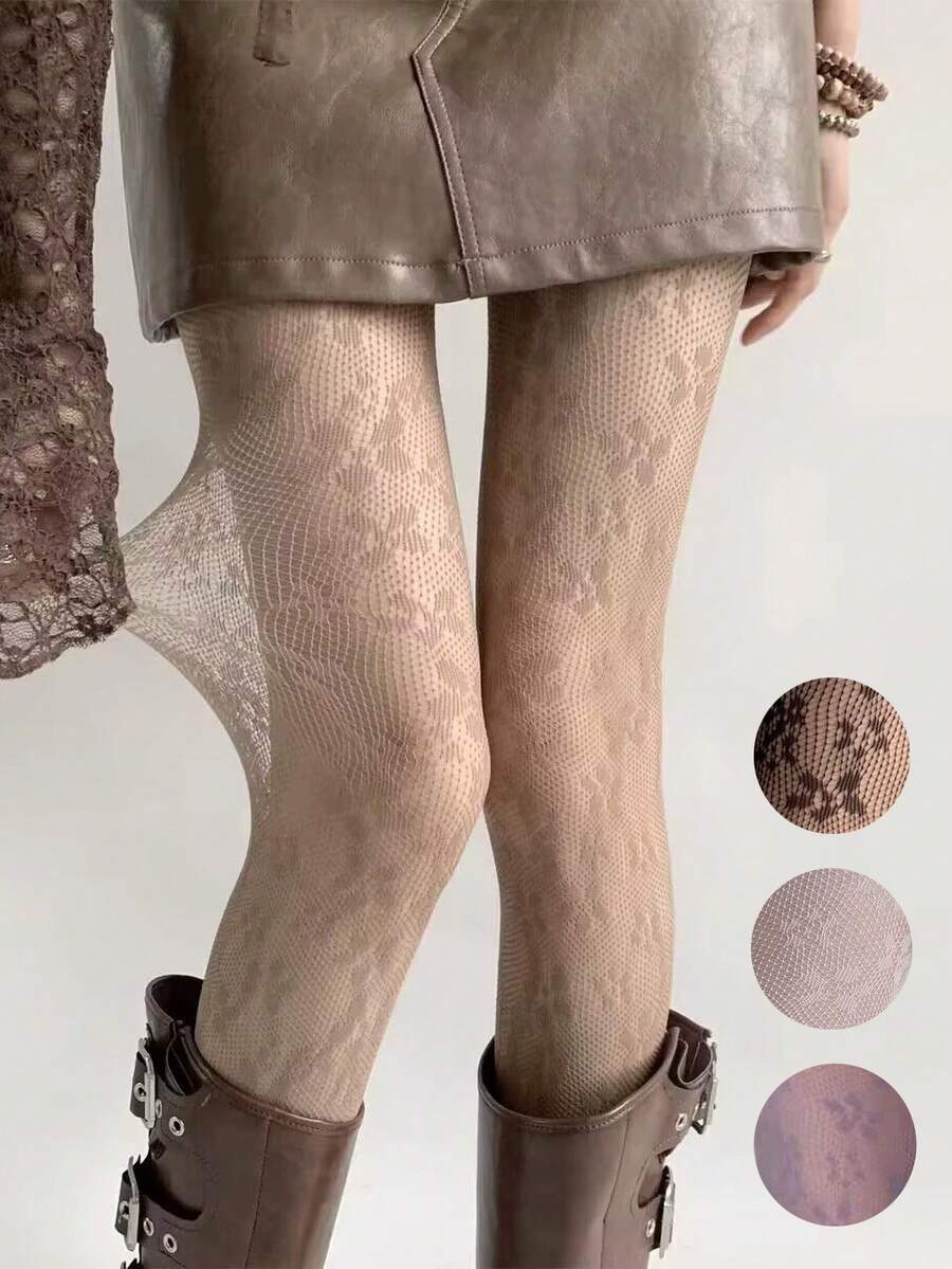 女士丝袜一双,高档法式复古蕾丝玫瑰连裤袜,高弹力连裤袜,镂空提花塑身打底袜,渔网袜,复古法式玫瑰花卉图案透明连裤袜 - 彩色 - 查看 1