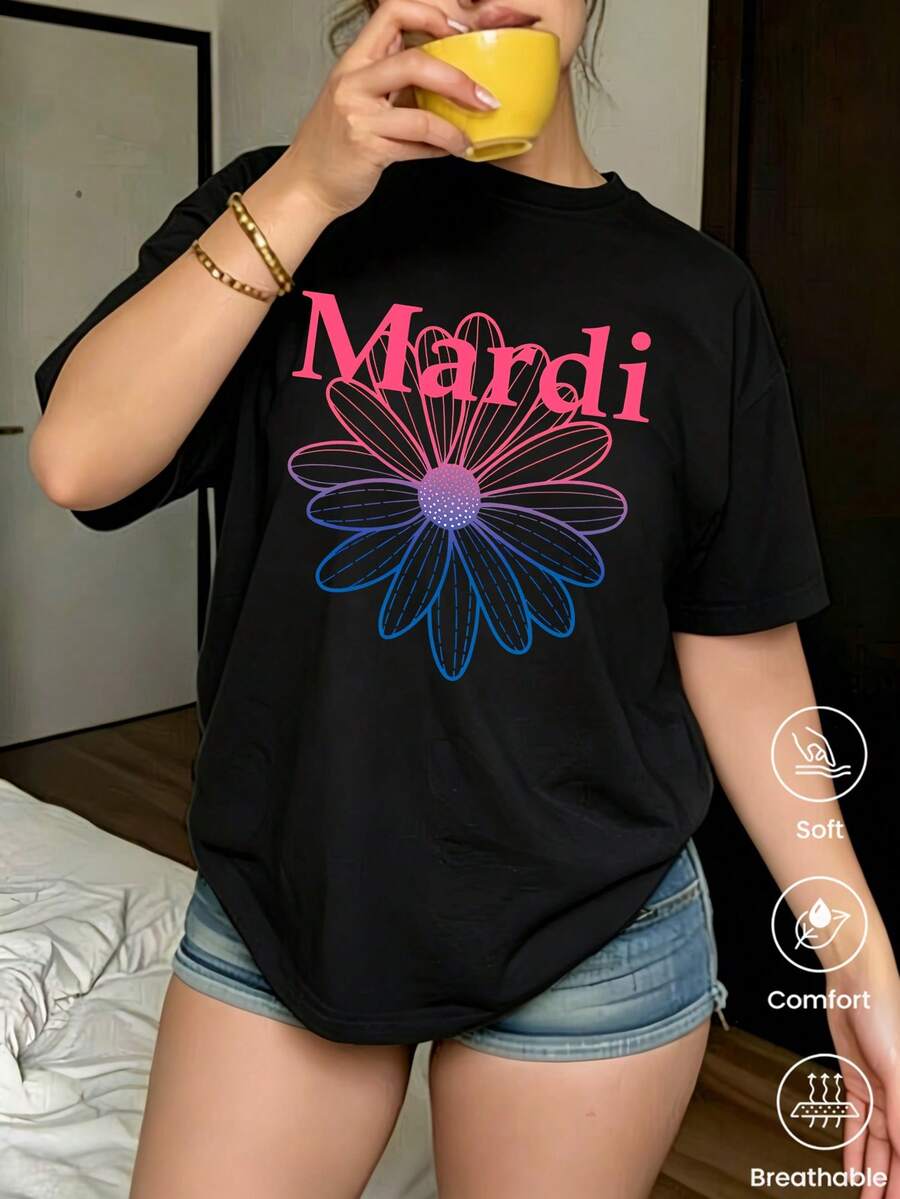 180g Made In Mexico, Spring/Summer 2026 Fashion Short Sleeve T-Shirt, Cartoon Print, Couple Style, Underwear/Outerwear, Casual Round Neck For Office, Unisex One Piece Top - 黑色 - 查看 1