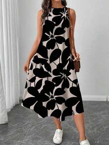 Vestido casual de mujer con estampado floral de cuello redondo y longitud media, adecuado para primavera/verano, apropiado para salir, vestido elegante, casual - Multicolor 3 - Ver 5