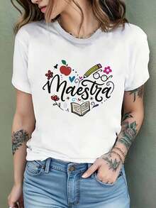 Camiseta de manga corta con cuello redondo para mujer, con estampado de letras, blusa casual de alta elasticidad, corte regular, ideal para primavera, verano y otoño, top elástico lavable a máquina para usar en capas o como prenda individual (no es una camiseta para mujer). - Blanco - Ver 7