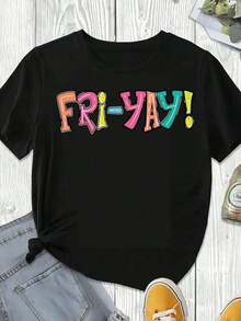 Elegante y casual para mujer, manga corta, camiseta Friday con estampado Friday Frie Yay, ropa casual blanca para mujer, verano. - Negro - Ver 3