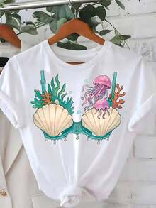 Camiseta suave 100% algodón, 1 pieza, para mujer, blanca y turquesa, con estampado de océano y medusas - Camiseta ligera de verano de manga corta y cuello redondo con diseño de vida marina (estrellas de mar, coral, perlas) - Ropa casual de playa, atuendos de vacaciones, vestimenta informal - Lavable a máquina, camiseta de algodón transpirable, combina con todo. - Blanco - Ver 1