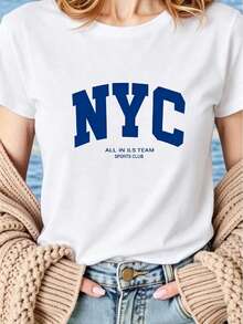 Oferta por tiempo limitado, cantidad limitada disponible,  relámpago, camisas de mujer, camisetas de mujerPlayera Blanca de Mujer con Estampado NYC Azul, Camiseta Manga Corta Casual Deportiva, Moda  Verano 2026, Ropa Ligera y Comoda para Dama, Ideal para Uso Diario y Salidas - Blanco - Ver 3