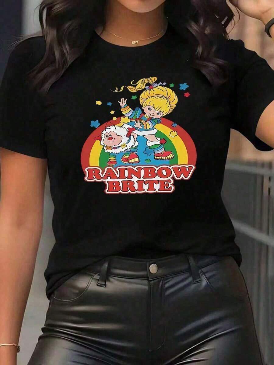 short-sleeveCamiseta de Mujer con Estampado Gráfico de Personaje de Dibujos Animados RAINBOW BRITE, Cuello Redondo, Manga Corta, Top Casual para Primavera/Verano, Ropa de Mujer 100% Algodón, Blusas para Mujer Casual100% Cotton - Negro - Ver 1