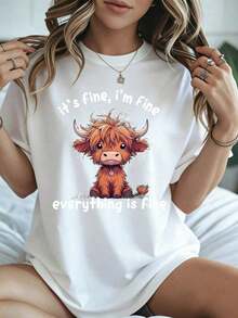 Elegant And Casual Women's Short-Sleeved T-Shirt With Cute Bull Design, "Christmas It's Fine I'm Fine Everything Is Fine", Black Casual Winter Clothing. - 白色 - 查看 1