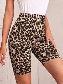 Shorts Deportivos de Cintura Alta con Estampado de Leopardo, Shorts Casuales Elásticos y Suaves para Mujer - leopardo - Ver 4