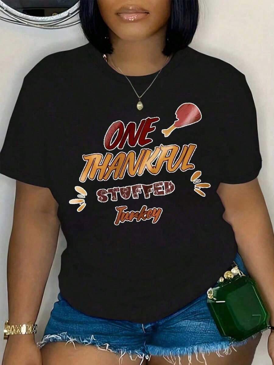 Nuevas llegadas para el verano. Camiseta casual de manga corta blanca con estampado de pavo relleno de agradecimiento para el Día de Acción de Gracias, blusa para mujer, ideal para fiestas y celebraciones festivas. - Negro - Ver 1