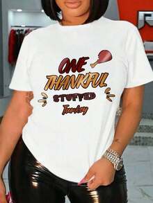 Nuevas llegadas para el verano. Camiseta casual de manga corta blanca con estampado de pavo relleno de agradecimiento para el Día de Acción de Gracias, blusa para mujer, ideal para fiestas y celebraciones festivas. - Blanco - Ver 6