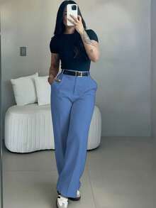Pantalones anchos de cintura alta y ajuste delgado en verde pavo real| Estilo callejero bohemio| Adecuado para uso casual, ir al trabajo y vacaciones en primavera/verano - Azul cielo 2 - Ver 4