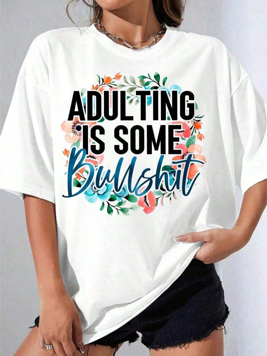 Camiseta Blanca y Negra para Mujer, Camiseta Blanca con Estampado Floral y Textual, Ropa Casual para Mujer, para Fiestas al Aire Libre, Camiseta Estampada Casual de 180g - Blanco - Ver 1