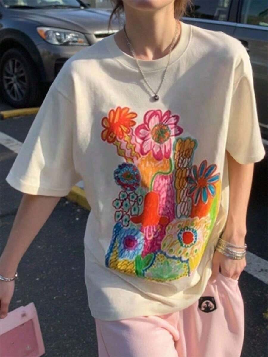Camiseta holgada con estampado floral para mujer, camiseta gráfica de moda para verano - Estilo callejero vintage, camiseta unisex de algodón holgada de manga corta con cuello redondo, blusas para mujer. blusas.blusas casuales para dama. - Albaricoque - Ver 1