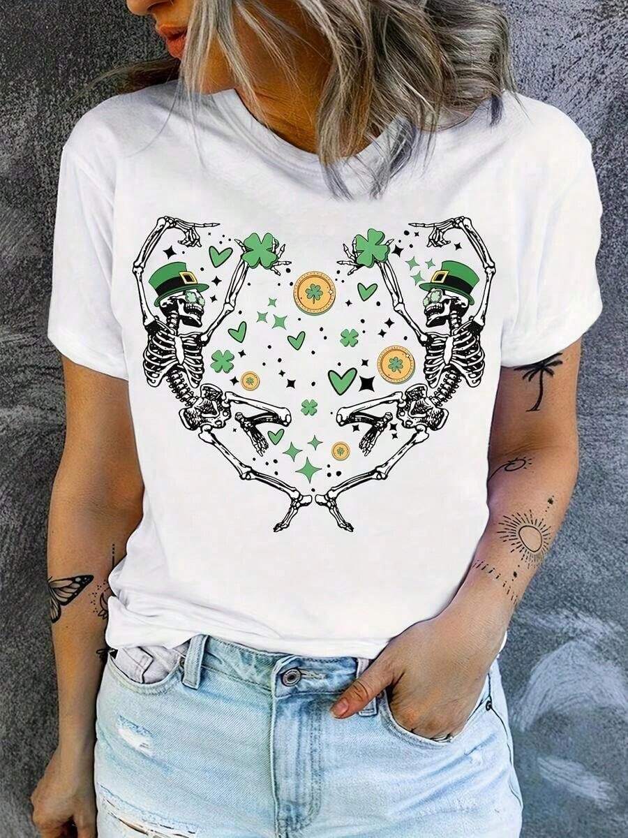 1 pieza clásica y versátil, camiseta corta de algodón puro con estampado de esqueleto del Día de San Patricio, ideal para usar en cualquier estación.Estilo moderno - Blanco - Ver 1