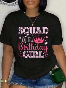 Loose1 pieza 100% algodón Squad Of The Birthday Girl camiseta rosa linda a juego para fiesta familiar, camiseta de cuello redondo suave y cómoda para mujeres y hombres, g 100% algodón suaveBasic Crew Neck Cotton T-shirt for Women - Negro - Ver 5