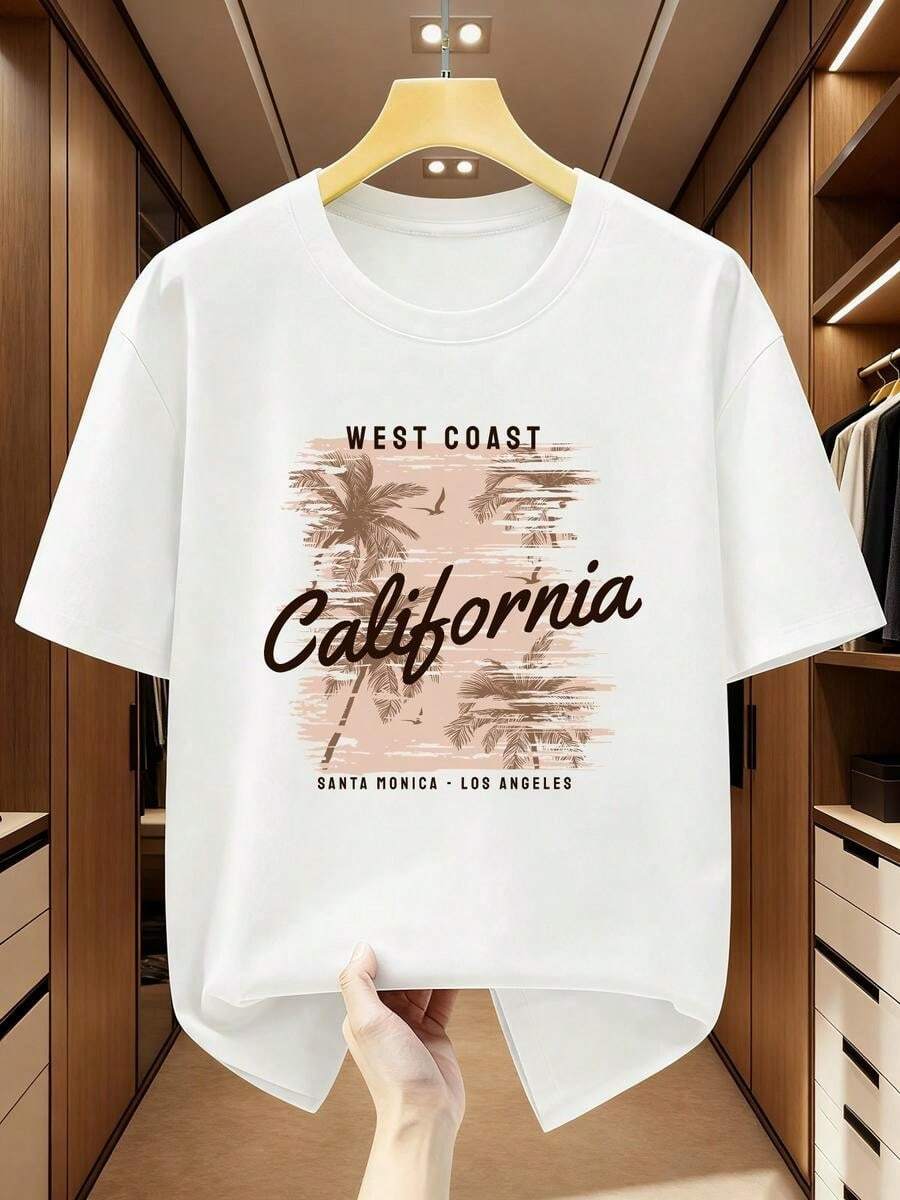 Camiseta gráfica de talla grande de la oeste de California, Santa Mónica, Los ángeles - Sudadera de manga corta y cuello redondo, ropa de playa casual de verano, adecuada para tallas grandes - Blanco - Ver 1