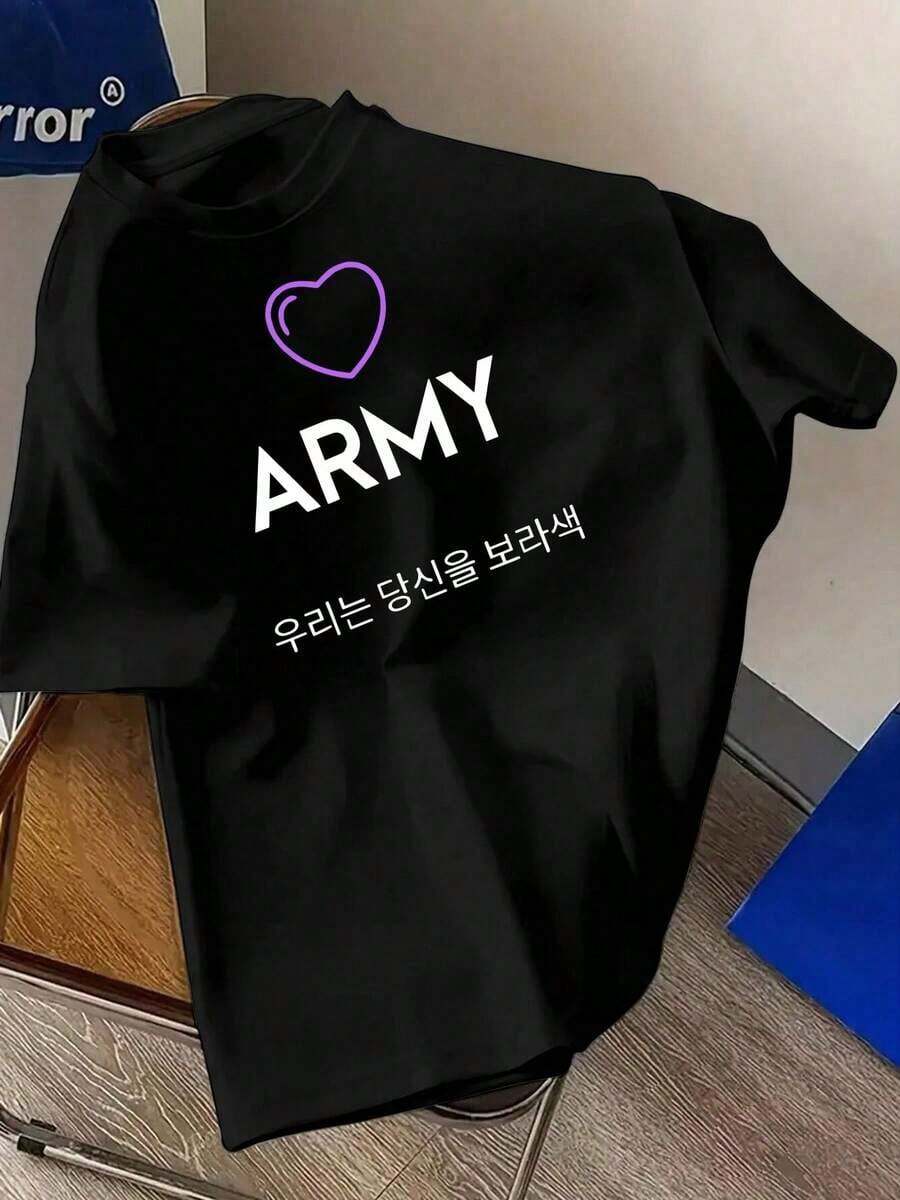 Camiseta gráfica casual para mujeres "ARMY" - Rosa suave, manga corta, cuello redondo, cómoda y elegante para atuendo casual, camiseta de uso diario | Impresión Juguetona | Camisetas frescas de verano Comfortable Fitofertas, estilo unisex - Negro - Ver 1