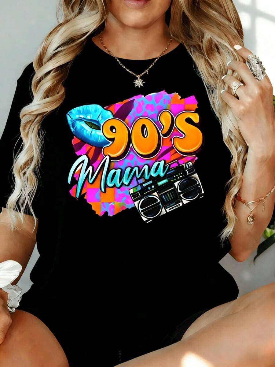 Camiseta Retro Vintage Estilo Mama de los 90 para Mujer, Casual de Verano, con Diseño Gráfico de Boombox y Labios, Blanca, Talla Grande, 180g, para Ocio, Hogar, Aire Libre, Regalo para Fiesta de San Valentín - Negro - Ver 1