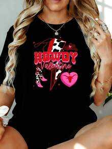 Camiseta Gráfica "Howdy Valentine" Estilo Vaquera Occidental con Corazón y Rayo para Mujer, Linda Camiseta para el Día de San Valentín, Estampado Rosa y Negro, Camiseta Oversize de 180g, para Ocio en Casa, Aire Libre, Regalo para Fiesta de San Valentín - Negro - Ver 7