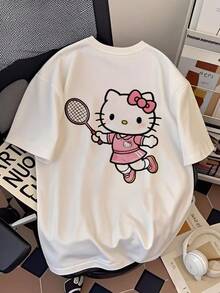 Ropa de mujer, suave y linda, camiseta de bádminton con estampado de , diseño rosa, para uso diario de niñas, tops de verano para mujeres. - Blanco - Ver 8