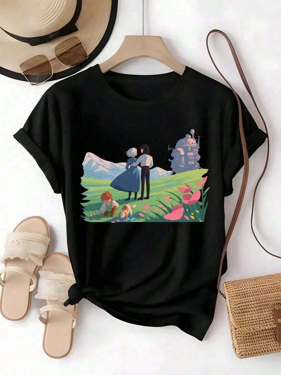 Remera Castillo Ambulante , Anime RomáNtico, Estampado Bohemio, Ideal Para Picnic, Japonesa, Mujer,Blusas Elegantes Dama,Tops,Parejas,Blusas Curvy Mujer. - Negro - Ver 1