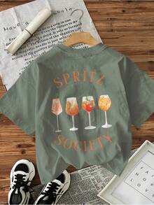 Limited Edition Women's Casual Short Sleeve Crew Neck T-Shirt - SPRITZ SOCIETY Graphic Print On Both Sides With Tail Illustrations, Olive Green, Machine Washable, All Season Comfort, Women's T-Shirts, Summer Top, Fun Design, Non-See-Through Fabric, Lightweight Cotton - 黑色 - 查看 10