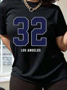 Ropa De Moda Para Mujer De , Camia Deportiva Digital De Los ÁNgeles, 100% AlgodóN Puro, Camia De Manga Corta Para Mujer, Estilo Deportivo, Top Con Estampado De NúMeros Y Letras De Los ÁNgeles 32, Corte Ajustado, , Camia Deportiva Casual, Adecuada Para Deportes Y Fitness, Salidas Diarias, Viajes Al Campus Y Otras Ocasiones, Ropa Retro Americana Para Mujer, ArtíCulos VersáTiles Para El DíA A DíA. Adecuado Como Regalo.Playera De Mujer.Blusas>Elegantes.Boho Chic,1 Pieza - Negro - Ver 7