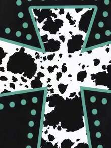 Women's T-Shirt With Cross Print, Cowhide Style, Graphic Design T-Shirt With Turquoise Dots, Casual Western And Boho Chic Top - Hitam - View 3