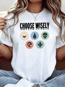 Women'S Fantasy Elemental Theme Short-Sleeve Tee With Sun, Water, Skull, Fire, Tree Icons & Choose Wisely Slogan Fun Design Comfortable And Soft Casual Daily Wear Top Ideal As A Giwoman Todo Tipo De Impresiones, Chaqueta, Camiseta De Cuello Redondo, Casual, Para Oficina, Para Viajar, Muy Popular, Viento Deportivo, Estampado/PatróN, Camiseta De AlgodóN 100%, Camiseta Casual, CóModa, Suave, Transpirable The Latest Popular Bestseller - Blanco - Ver 3