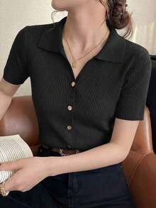 de punto con cuello polo y mangas raglán cortas para mujer, ligera y versátil, ideal para primavera/verano - Negro - Ver 4