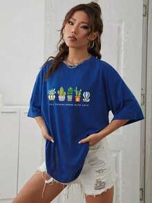 Camiseta cactus con con estampado de slogan - Azul - Ver 10