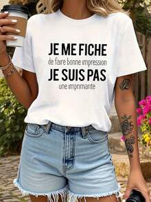 Camiseta de mujer de corte regular, estilo francés, con estampado de letras "No me importa causar una buena impresión", estilo casual y divertido, cuello redondo, para primavera y verano, atuendo diario casual de verano. - Blanco - Ver 7