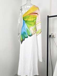 Elegant And Modern Long Printed Dress With An Asymmetrical Shoulder, Spring 2026 - 白色 - 查看 6