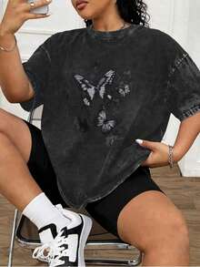 1 pieza de camiseta de mujer de talla grande con diseño vintage de mariposas, estilo callejero oscuro, aspecto desgastado, sencilla y de alta calidad, con diseño estampado, adecuada para uso diario y para ir al trabajo, corte holgado, muy cómoda para uso casual y deportivo, 180g 100% algodón. - Negro - Ver 10