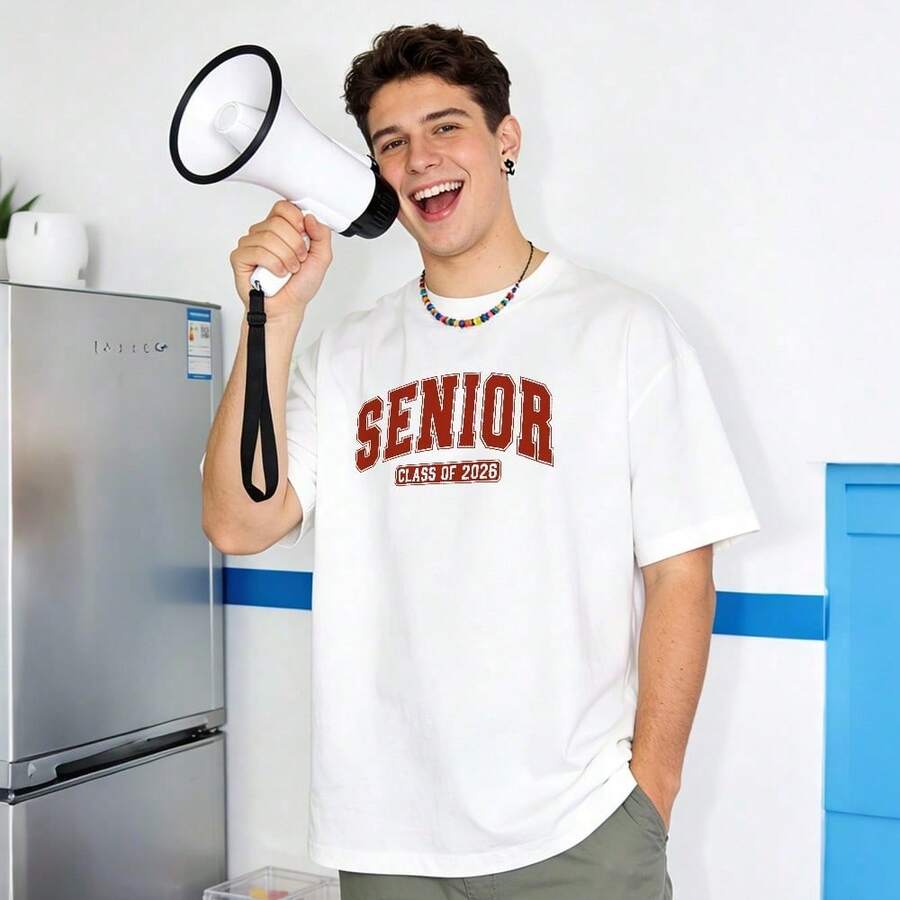 Men's Summer Casual Soft Round Neck Short Sleeve T-Shirt,Senior Class Of 2026 Print Graphic Suitable For Graduation Wear.White - 白色 - 查看 1