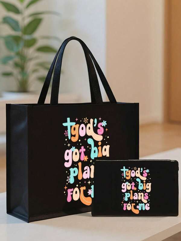 Kreuz und die Buchstaben "Gott hat große Pläne für mich" Muster Leinen Tragetasche Set, Multifunktionale Damen Tragetasche, Ästhetische Tragetasche, Spielen ist Lernen Muster Handtasche und passendes Make-up Tasche/Münzbörse, Tragbare leichte faltbare Aufbewahrungstasche, Kleine Geldbörse, mit Magnetverschluss, für Frauen, Arbeit, Date, Uni, Einkaufen, Strand, Reisen, Alltagsartikel, Alle Jahreszeiten, Geburtstagsgeschenk, Religiös