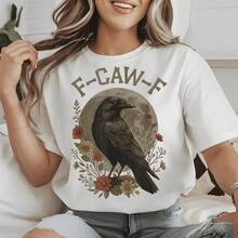 FEEGO Camiseta Unisex 100% Algodón con Estampado Gráfico Divertido de Pájaro Cuervo, Estilo Casual Vintage, Camiseta Gráfica Y2K Streetwear - Blanco - Ver 4