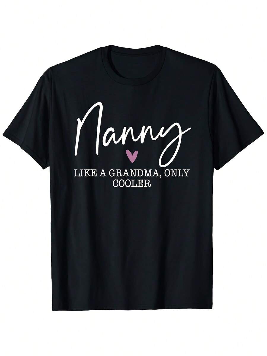 Summer Nanny Like A Grandma Only Cooler Heart Graphic T-Shirt Soft Breathable Casual Crew Neck Mother's Day Gift Gift For Nanny Everyday Use Black With White Lettering Loose And Comfortable - 後退 - 查看 1