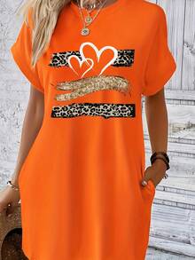 Vestido casual de punto para mujer con estampado de corazón, cuello redondo, manga corta, top de moda negro con diseño de bandera colorida - HL611-JU - Ver 1
