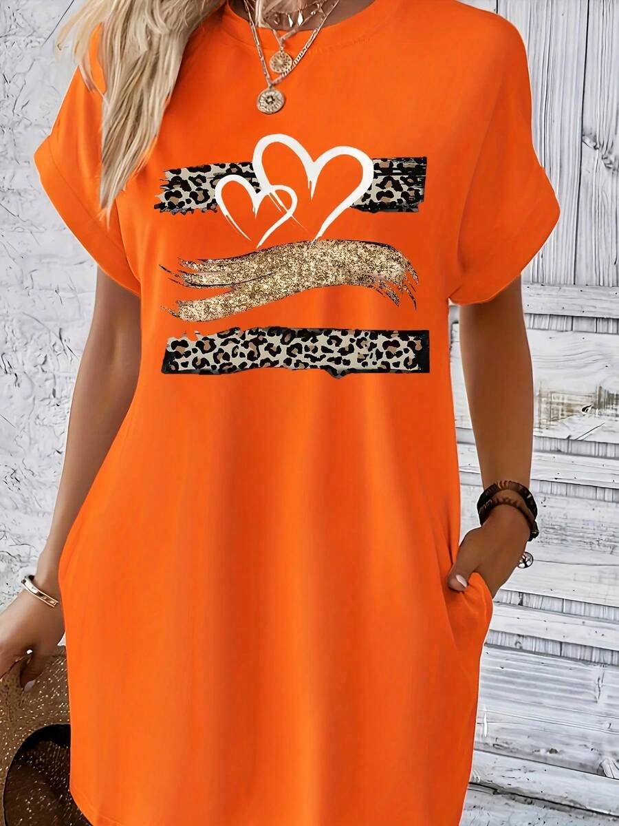 Vestido casual de punto para mujer con estampado de corazón, cuello redondo, manga corta, top de moda negro con diseño de bandera colorida - HL611-JU - Ver 1