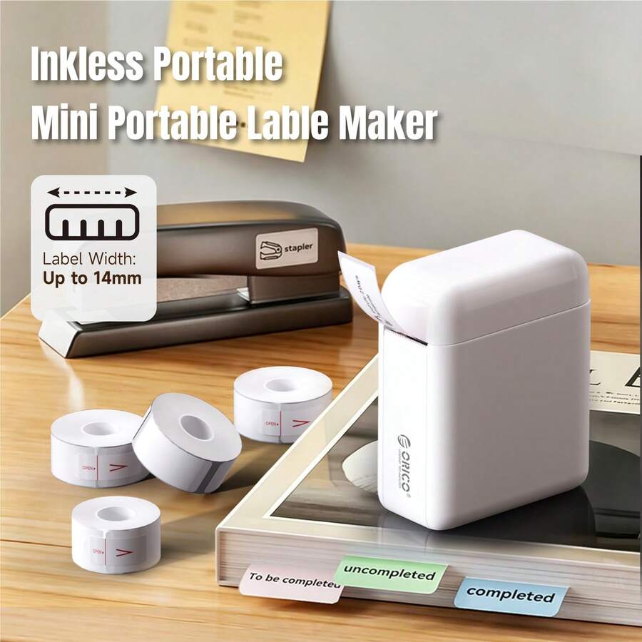 Etiquetadora ORICO, Impresora de etiquetas térmicas mini, Impresora portátil, Impresora de fotos, Impresora térmica portátil, Impresora mini portátil multifuncional, Incluye 6 rollos de etiquetas de 14*30, Múltiples plantillas, fuentes, iconos, etiquetas personalizables para el hogar y la escuela.