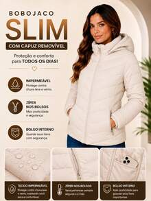 Women's Slim Fit Puffer Jacket With Removable Hood, Waterproof Winter Coat - 杏色 - 查看 1