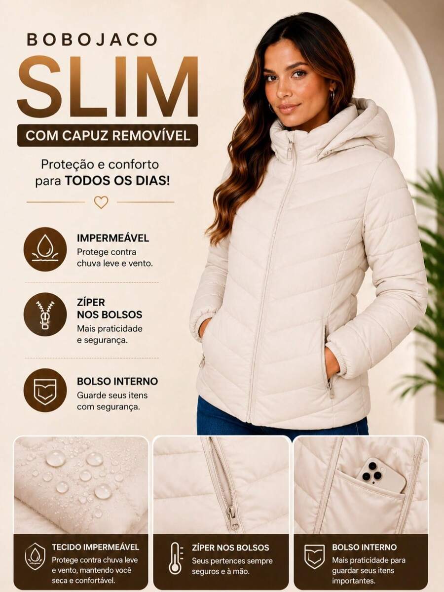 Women's Slim Fit Puffer Jacket With Removable Hood, Waterproof Winter Coat - 杏色 - 查看 1
