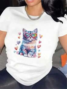 100% Cotton Women's Black Short-Sleeved T-Shirt With A Cat And Colorful Hearts Design, Made Of Polyester Fabric, Lightweight And Durable, Perfect For Casual Wear At Home Or Outdoors - 白色 - 查看 6