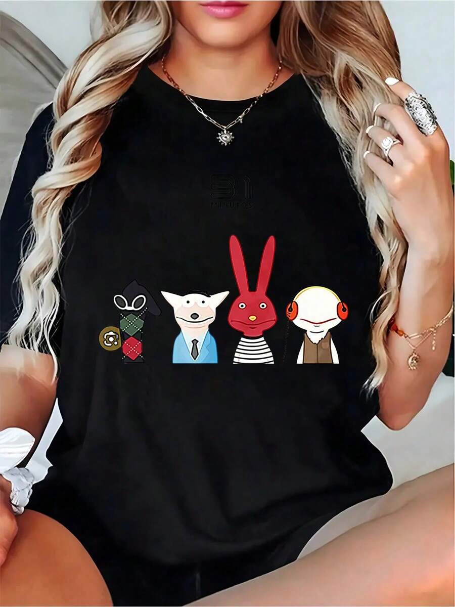 Local Store, Men's Shirts, Men's Clothing, Men's Shirts, Men's Shirt, Muppets 31 Minutos T-Shirt 180G Black And White, Character Print, High Quality, Crew Neck, C - 黑色 - 查看 1