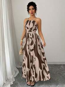 Vestido de línea A con estampado gráfico en blanco y negro, con hombros abiertos, nudo retorcido y escote de halter, elegante para primavera/verano de las mujeres - Marrón - Ver 5