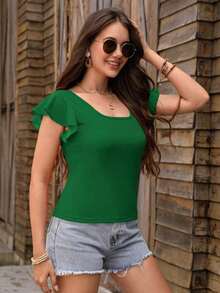 Camiseta de cuello cuadrado de manga mariposa - Verde Oscuro - Ver 5