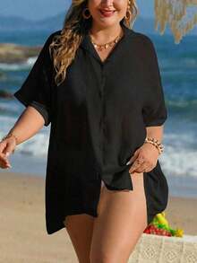 Camisa kimono de unicolor sexy de manga corta y de una sola hilera para mujer de talla grande - Negro - Ver 1